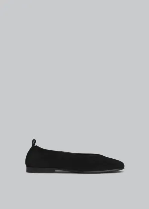 Ruched Square Toe Flat in Suede - Black