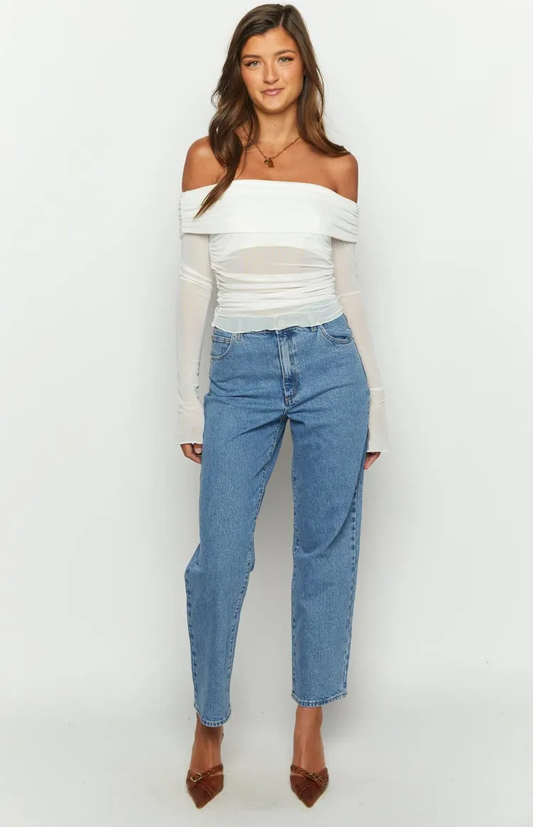 Sky White Mesh Off Shoulder Top
