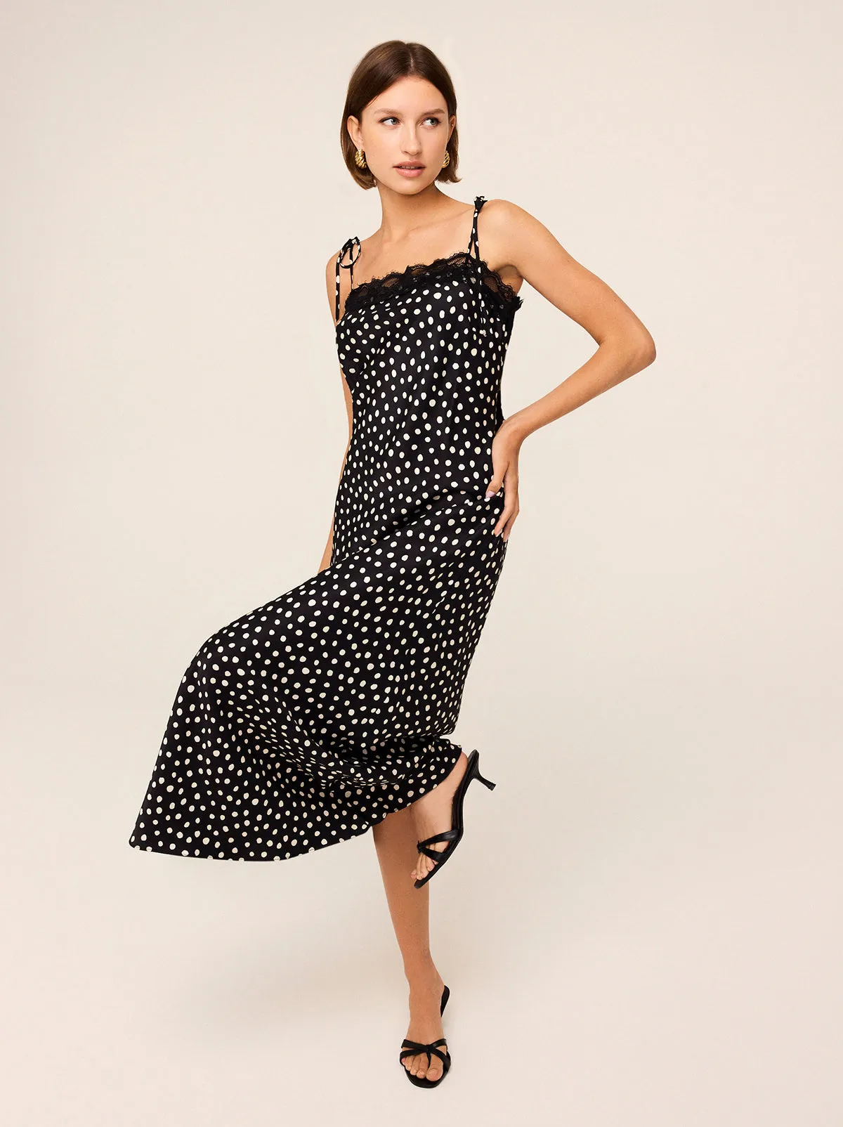 Venetia Black Polka Dot Print Lace Trim Maxi Dress