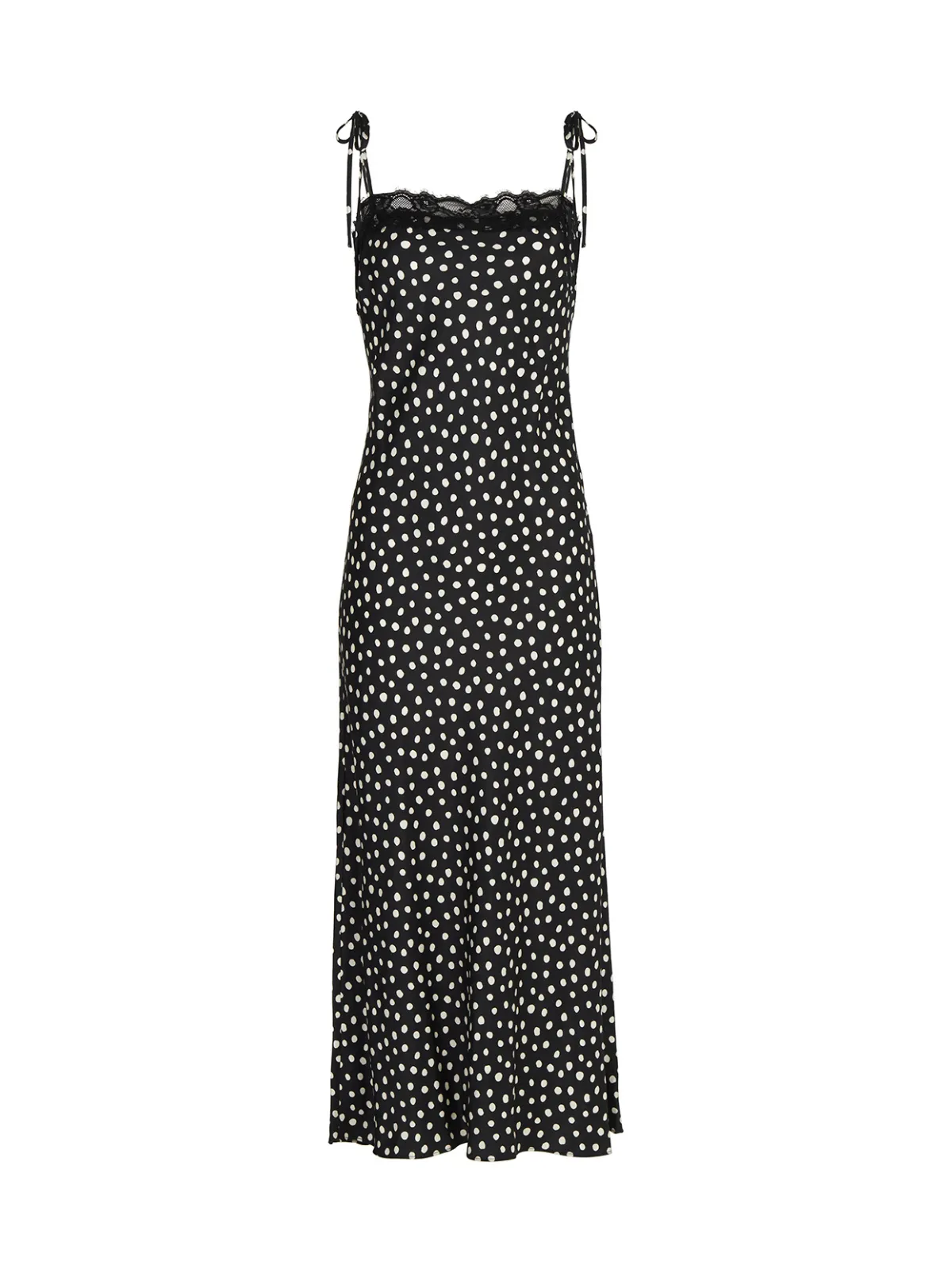 Venetia Black Polka Dot Print Lace Trim Maxi Dress