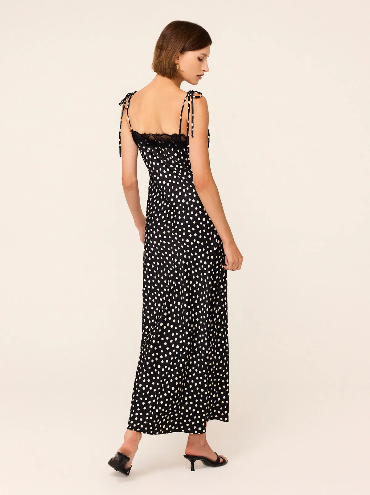 Venetia Black Polka Dot Print Lace Trim Maxi Dress